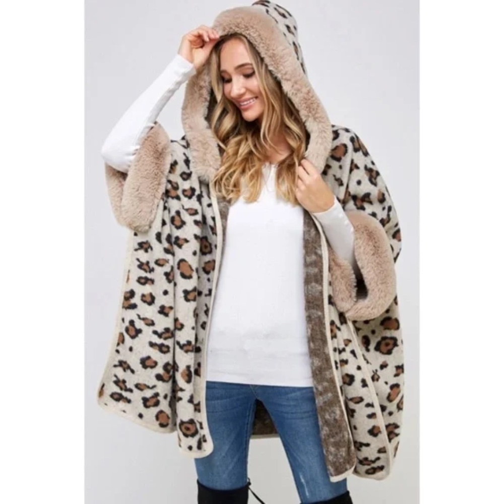 Taupe Faux Fur Trim Hooded Animal Leopard Print Soft Knit Poncho Coat